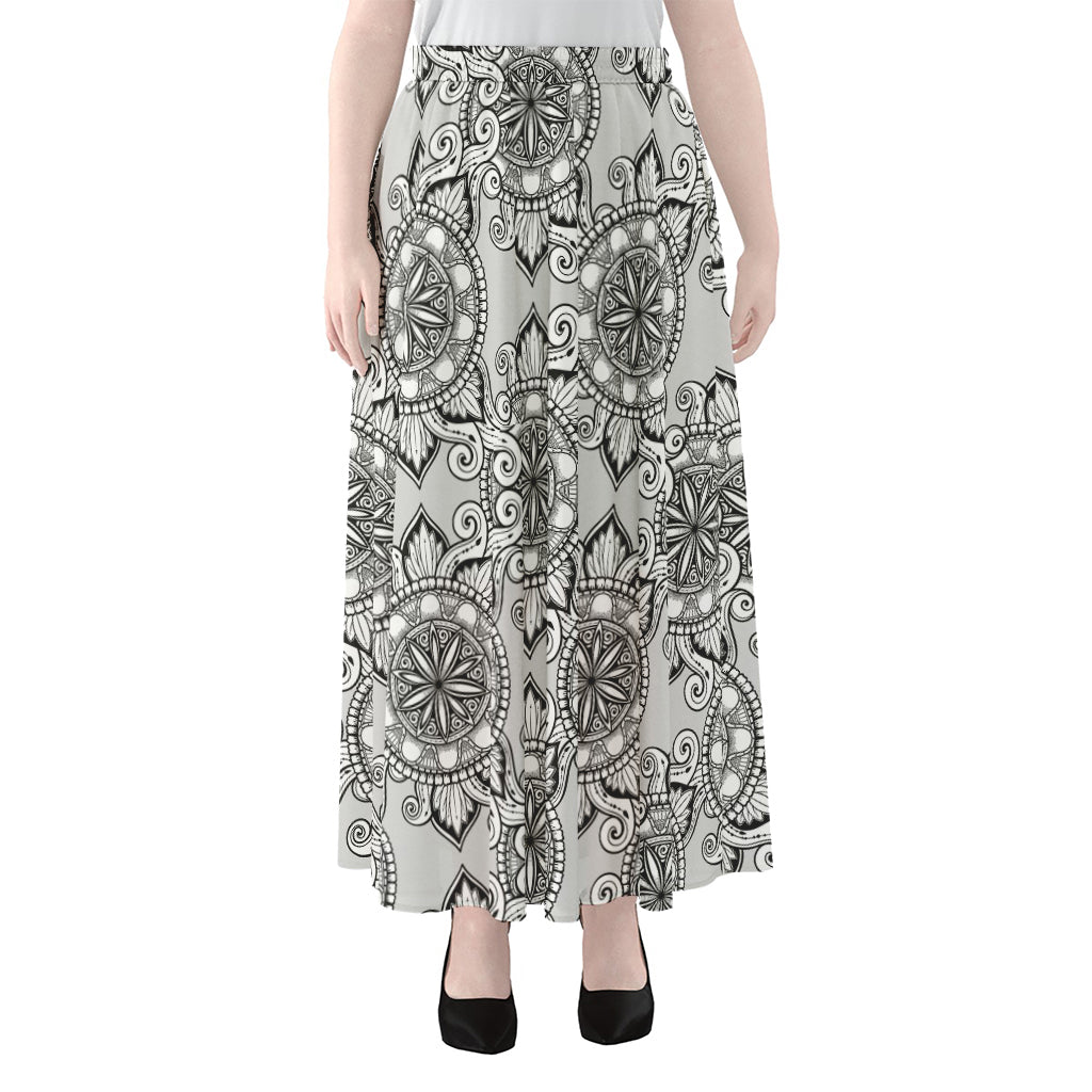 Zentangle Floral Pattern Print Chiffon Maxi Skirt