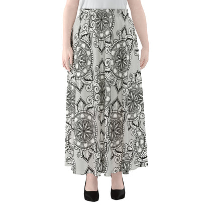 Zentangle Floral Pattern Print Chiffon Maxi Skirt