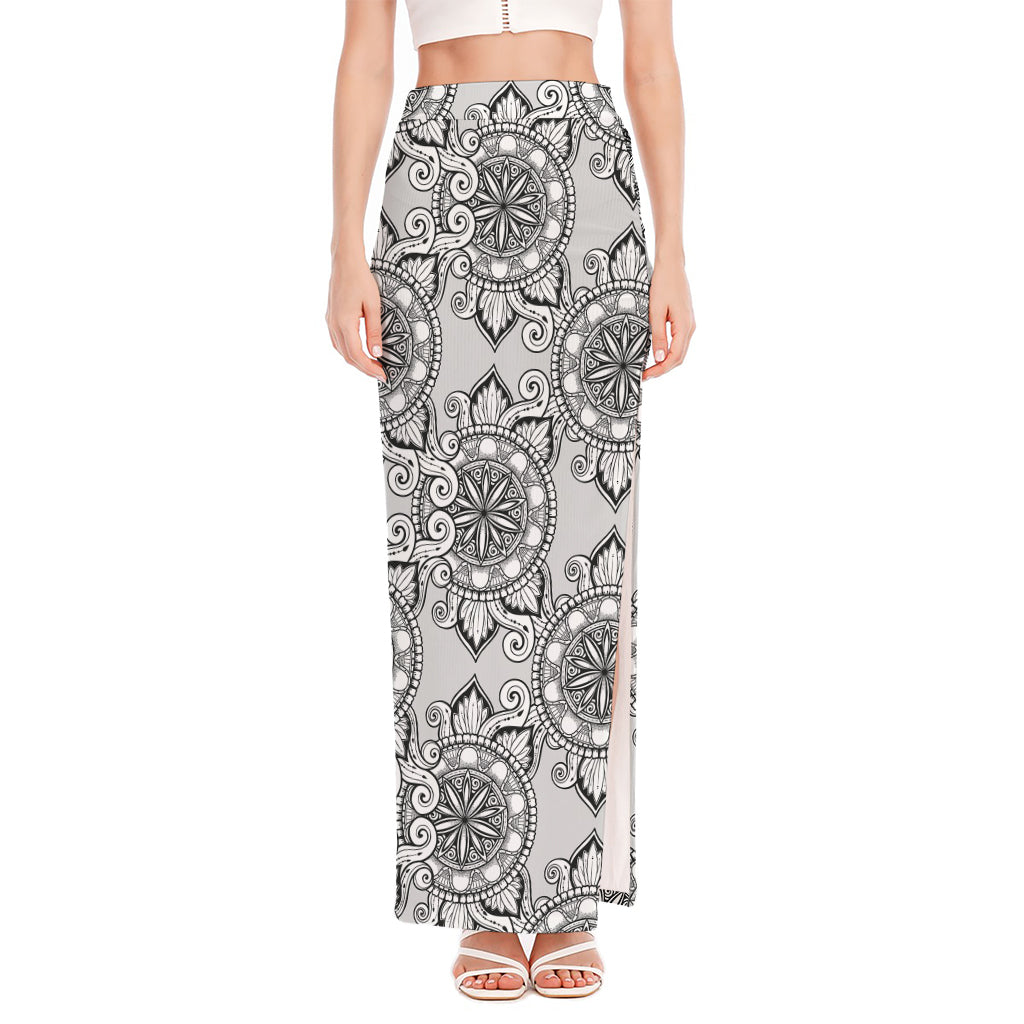 Zentangle Floral Pattern Print High Slit Maxi Skirt