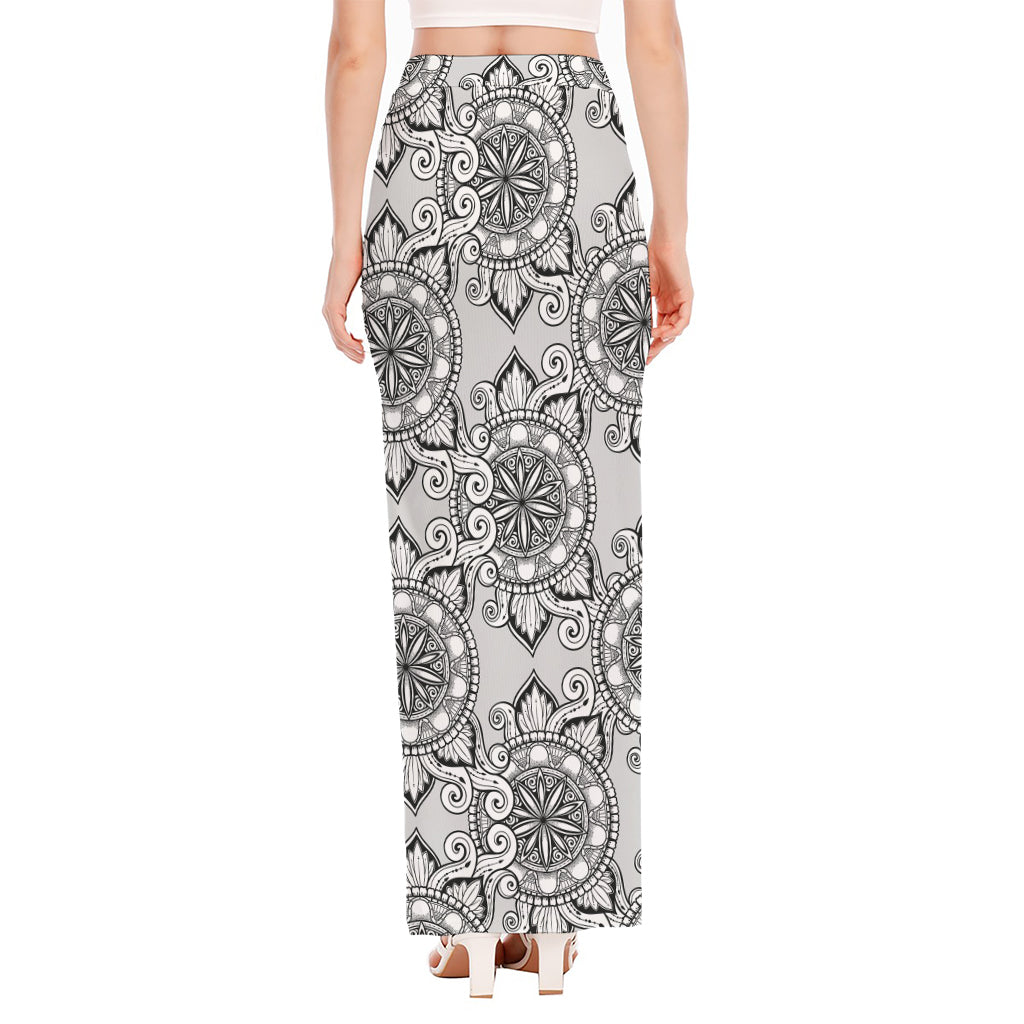 Zentangle Floral Pattern Print High Slit Maxi Skirt