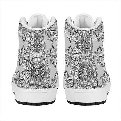 Zentangle Floral Pattern Print High Top Leather Sneakers