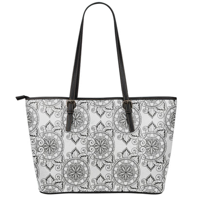 Zentangle Floral Pattern Print Leather Tote Bag