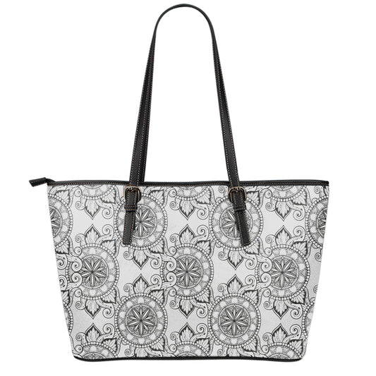 Zentangle Floral Pattern Print Leather Tote Bag