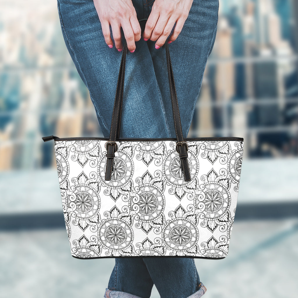 Zentangle Floral Pattern Print Leather Tote Bag