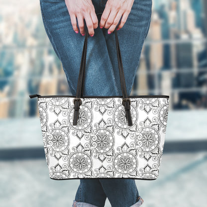 Zentangle Floral Pattern Print Leather Tote Bag