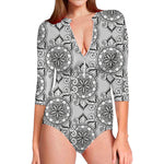 Zentangle Floral Pattern Print Long Sleeve Swimsuit