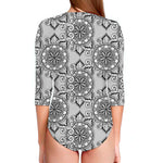 Zentangle Floral Pattern Print Long Sleeve Swimsuit