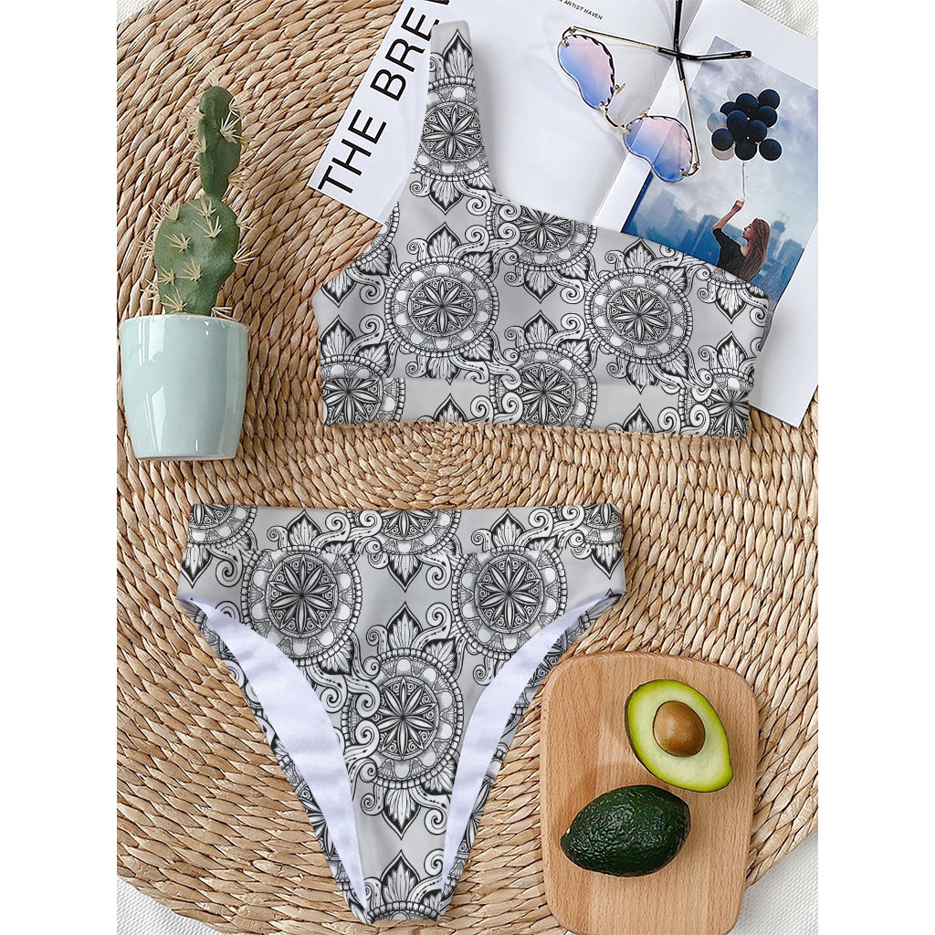 Zentangle Floral Pattern Print One Shoulder Bikini Top