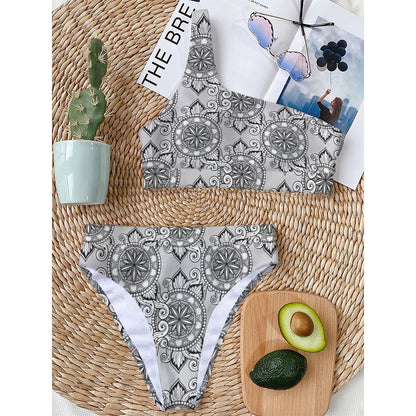 Zentangle Floral Pattern Print One Shoulder Bikini Top