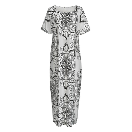 Zentangle Floral Pattern Print Short Sleeve Long Nightdress