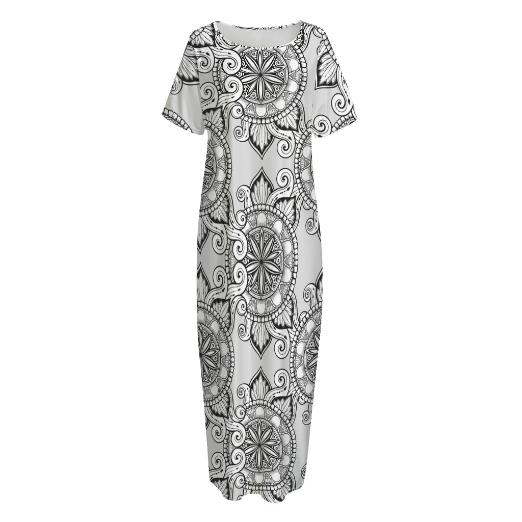 Zentangle Floral Pattern Print Short Sleeve Long Nightdress