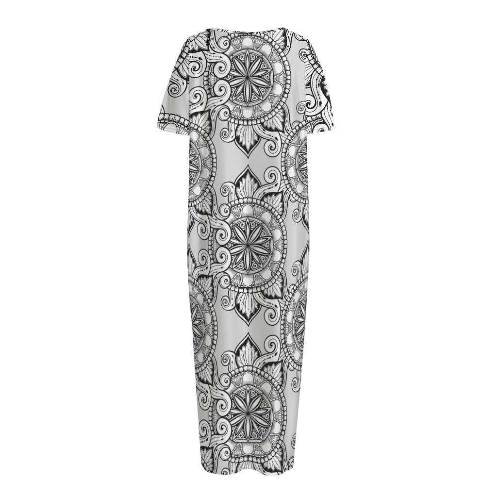 Zentangle Floral Pattern Print Short Sleeve Long Nightdress