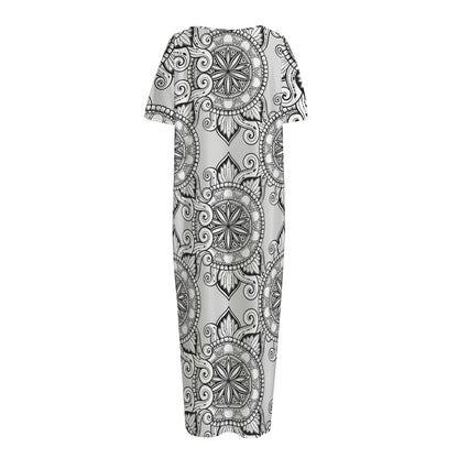 Zentangle Floral Pattern Print Short Sleeve Long Nightdress