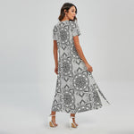 Zentangle Floral Pattern Print Short Sleeve Maxi Dress