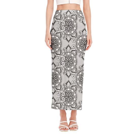 Zentangle Floral Pattern Print Side Slit Maxi Skirt
