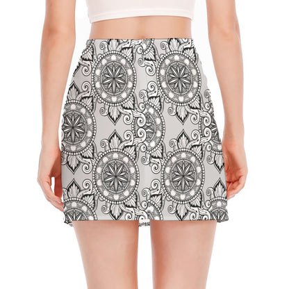 Zentangle Floral Pattern Print Side Slit Mini Skirt