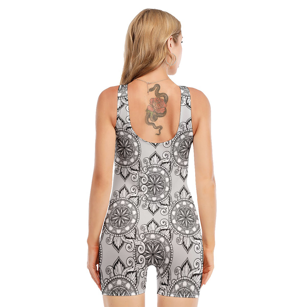 Zentangle Floral Pattern Print Sleeveless One Piece Swimsuit