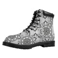 Zentangle Floral Pattern Print Padded Collar Lace Up Boots