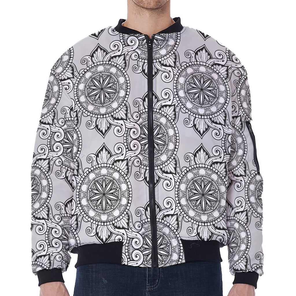 Zentangle Floral Pattern Print Zip Sleeve Bomber Jacket