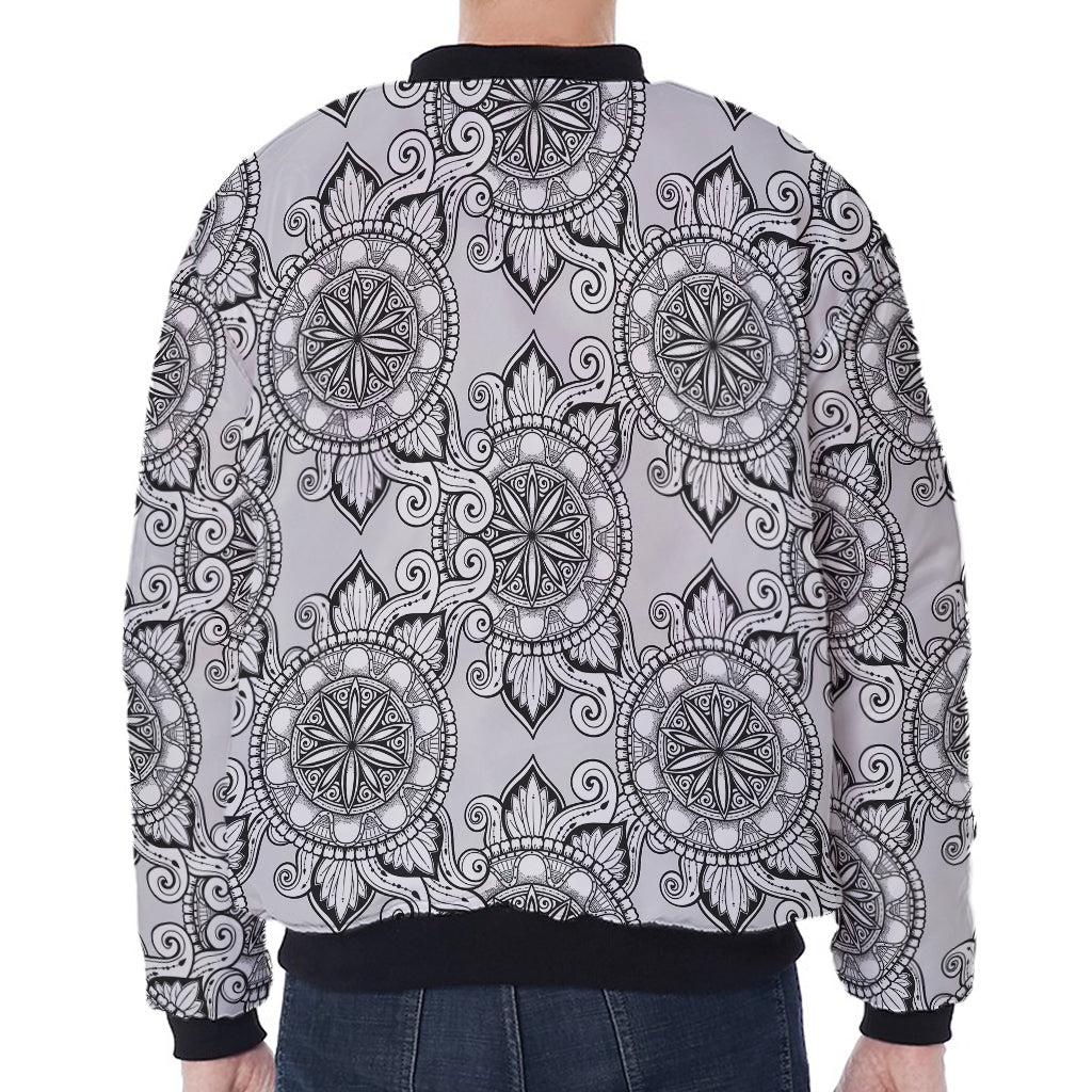 Zentangle Floral Pattern Print Zip Sleeve Bomber Jacket