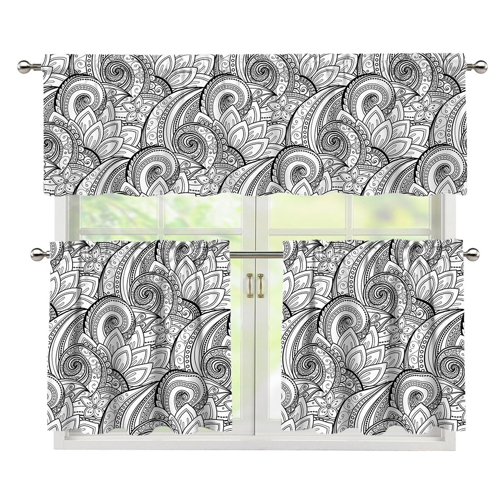 Zentangle Flower Pattern Print 3 Piece Kitchen Curtains