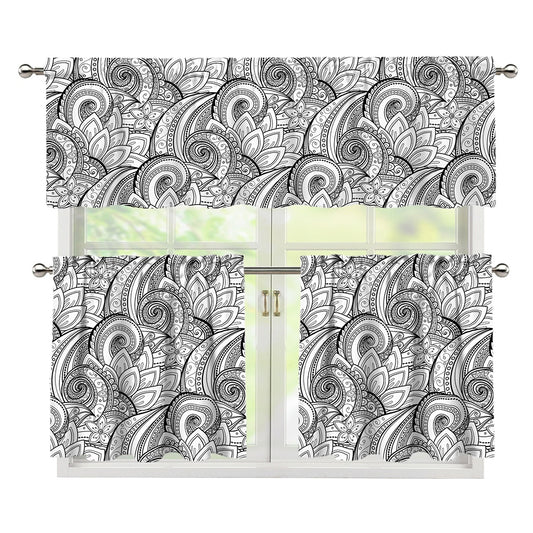 Zentangle Flower Pattern Print 3 Piece Kitchen Curtains