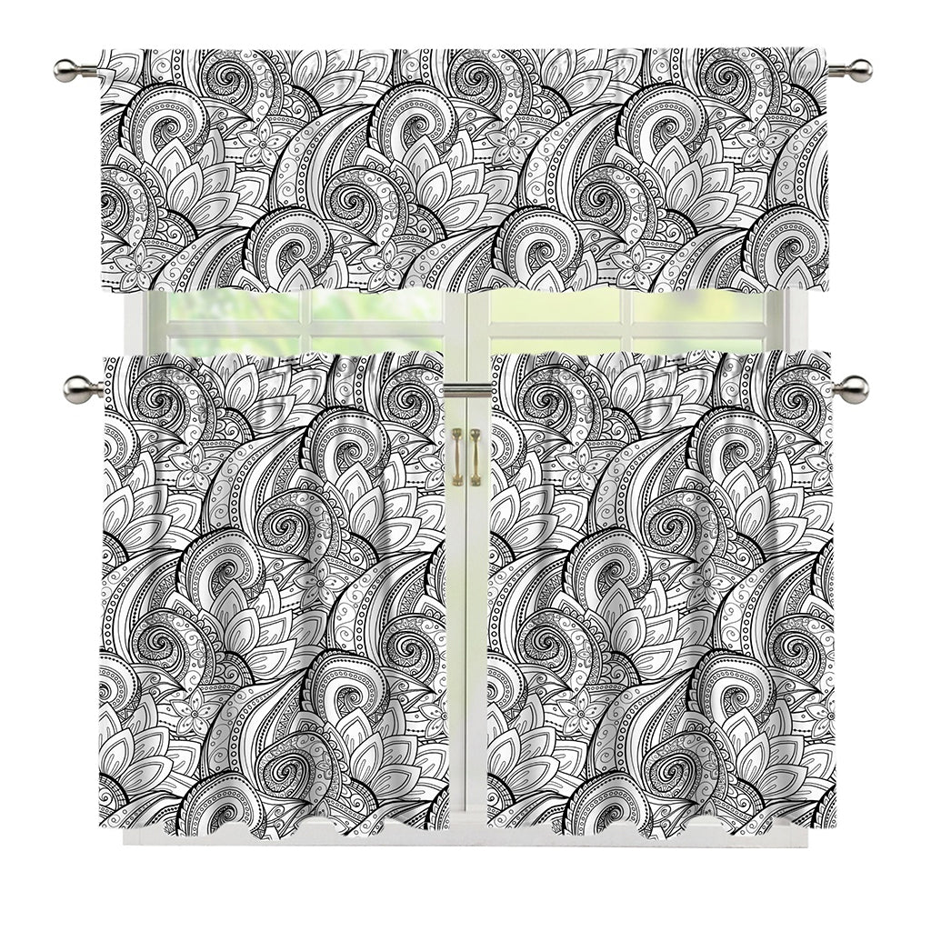 Zentangle Flower Pattern Print 3 Piece Kitchen Curtains
