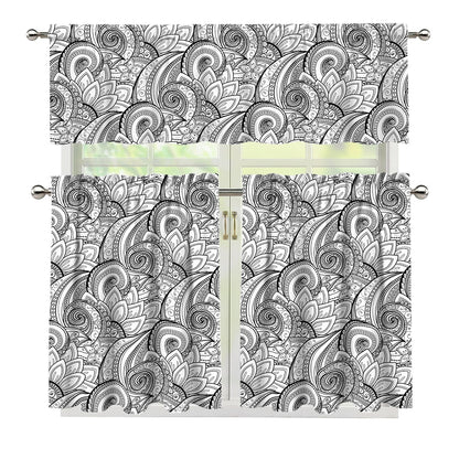 Zentangle Flower Pattern Print 3 Piece Kitchen Curtains