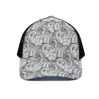 Zentangle Flower Pattern Print Black Mesh Trucker Cap