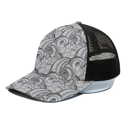 Zentangle Flower Pattern Print Black Mesh Trucker Cap