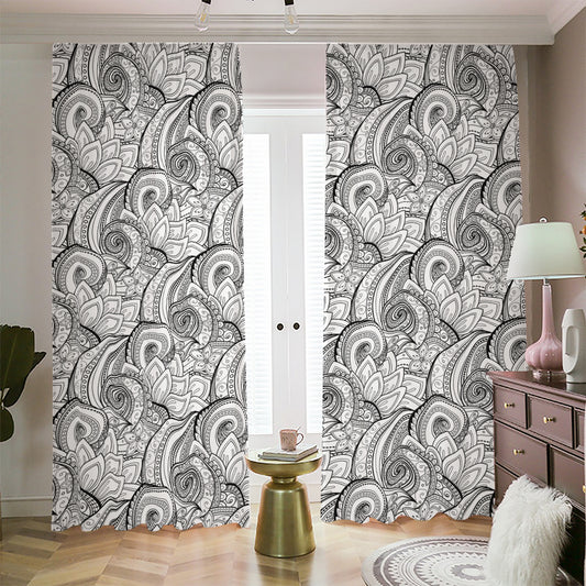 Zentangle Flower Pattern Print Blackout Pencil Pleat Curtains