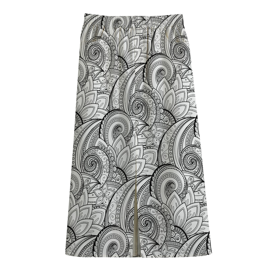 Zentangle Flower Pattern Print Cotton Front Slit Maxi Skirt