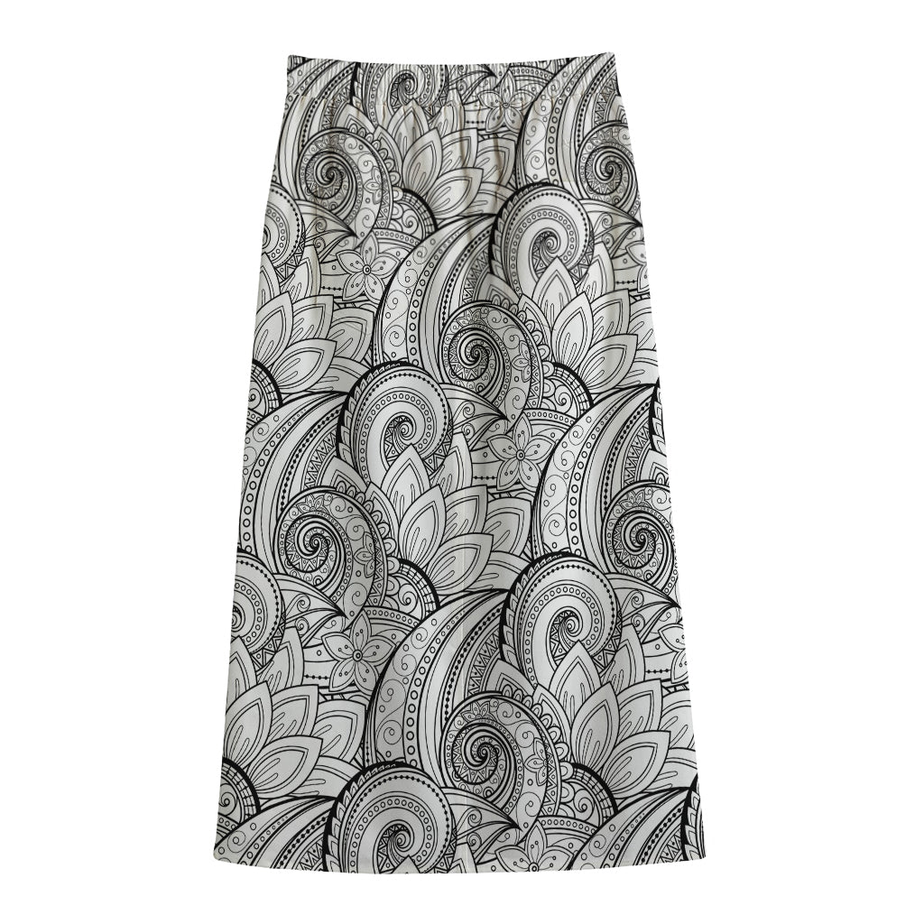 Zentangle Flower Pattern Print Cotton Front Slit Maxi Skirt