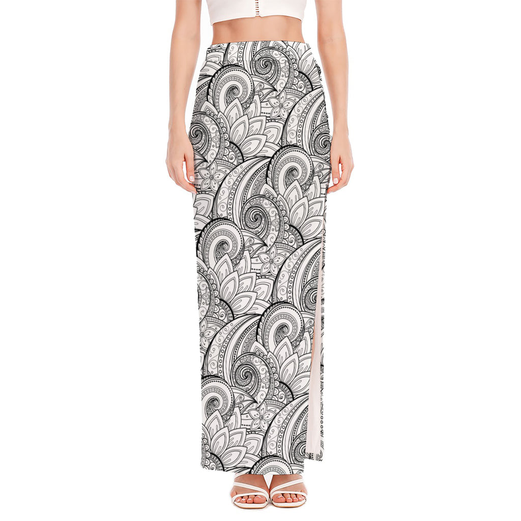 Zentangle Flower Pattern Print High Slit Maxi Skirt