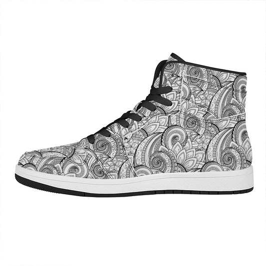Zentangle Flower Pattern Print High Top Leather Sneakers