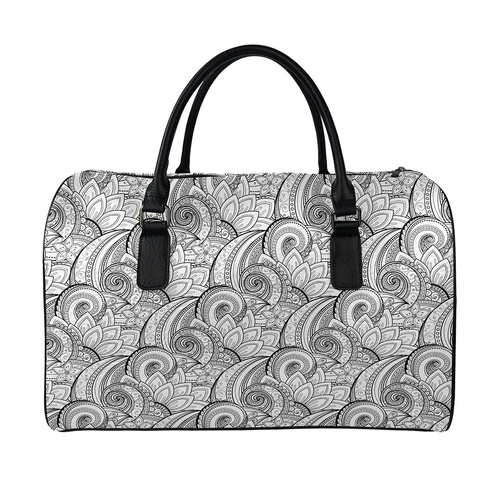 Zentangle Flower Pattern Print Leather Duffle Bag