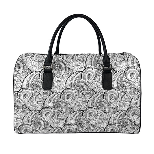 Zentangle Flower Pattern Print Leather Duffle Bag