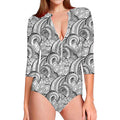 Zentangle Flower Pattern Print Long Sleeve Swimsuit