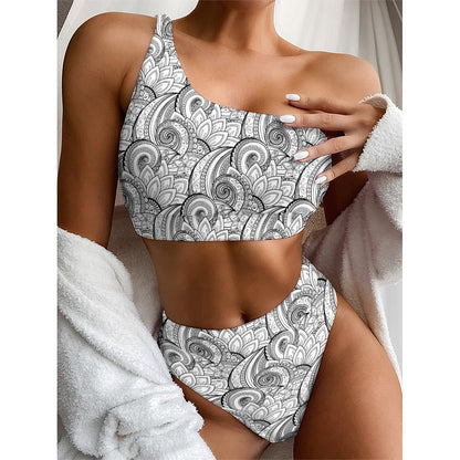 Zentangle Flower Pattern Print One Shoulder Bikini Top
