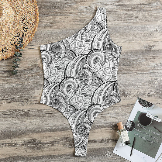 Zentangle Flower Pattern Print One Shoulder Bodysuit