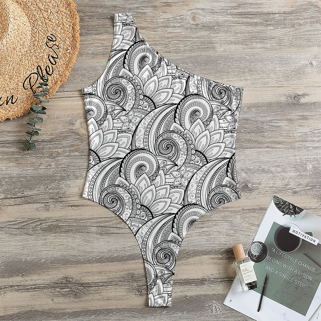 Zentangle Flower Pattern Print One Shoulder Bodysuit