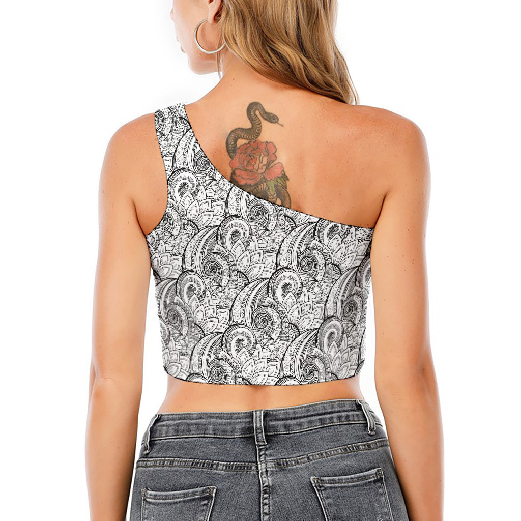 Zentangle Flower Pattern Print One Shoulder Crop Top