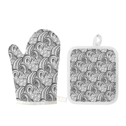 Zentangle Flower Pattern Print Oven Mitt And Pot Holder Set