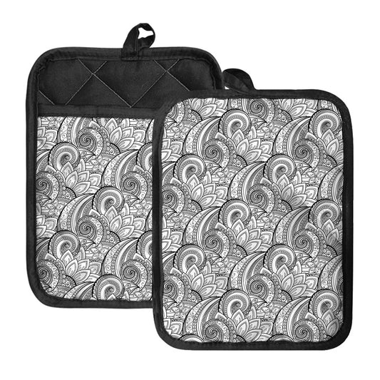 Zentangle Flower Pattern Print Pot Holders With Pocket