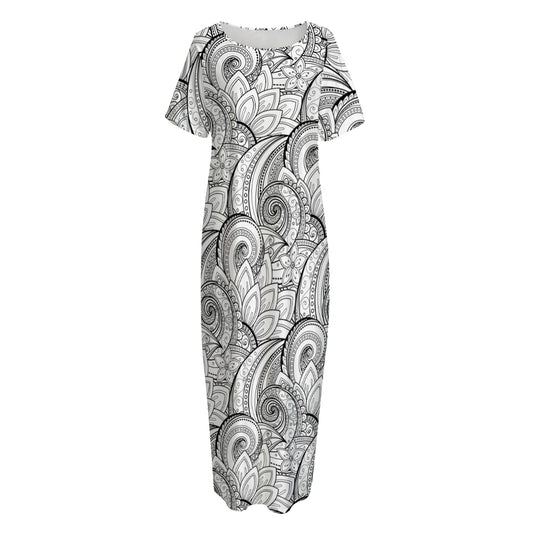 Zentangle Flower Pattern Print Short Sleeve Long Nightdress