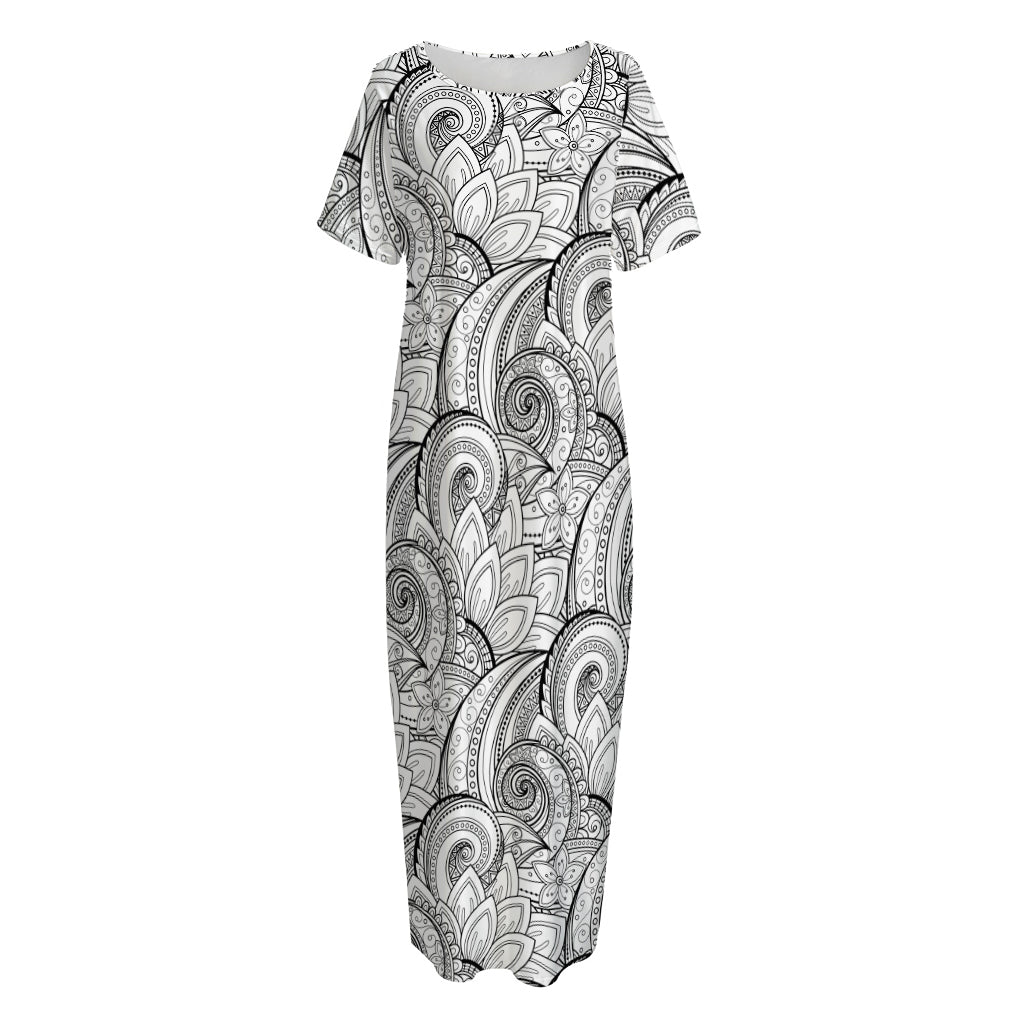 Zentangle Flower Pattern Print Short Sleeve Long Nightdress