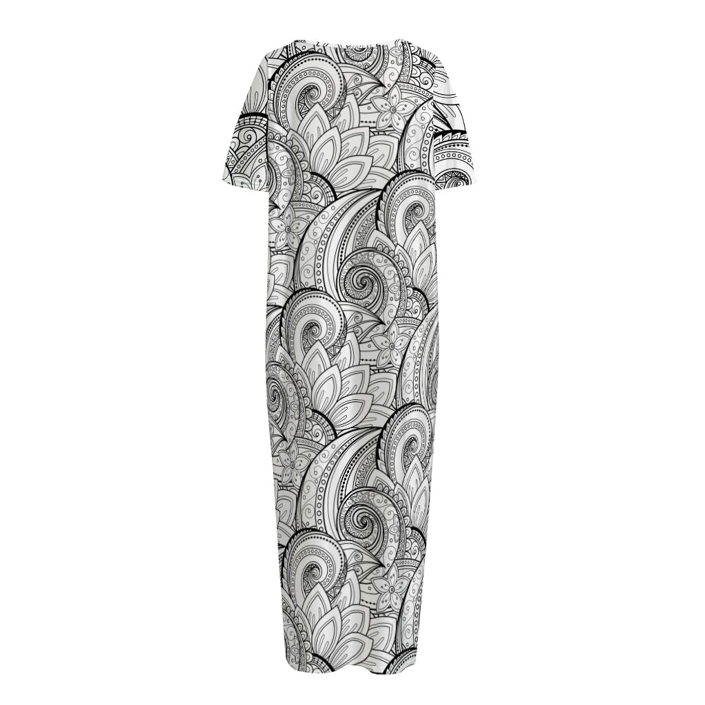 Zentangle Flower Pattern Print Short Sleeve Long Nightdress