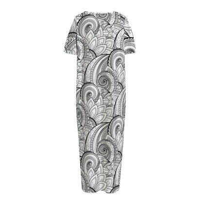 Zentangle Flower Pattern Print Short Sleeve Long Nightdress