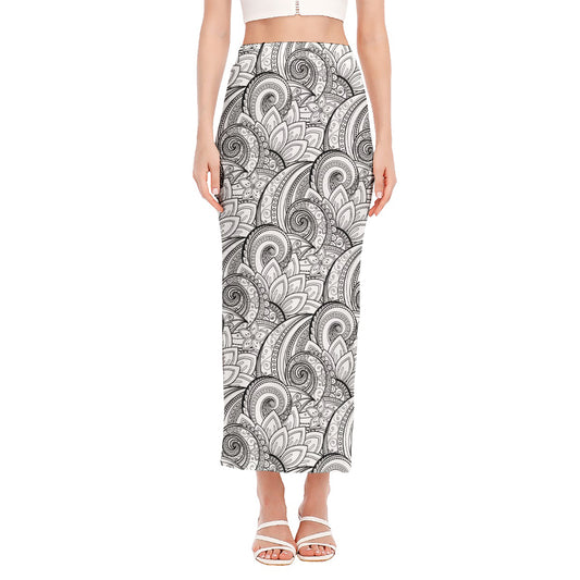 Zentangle Flower Pattern Print Side Slit Maxi Skirt