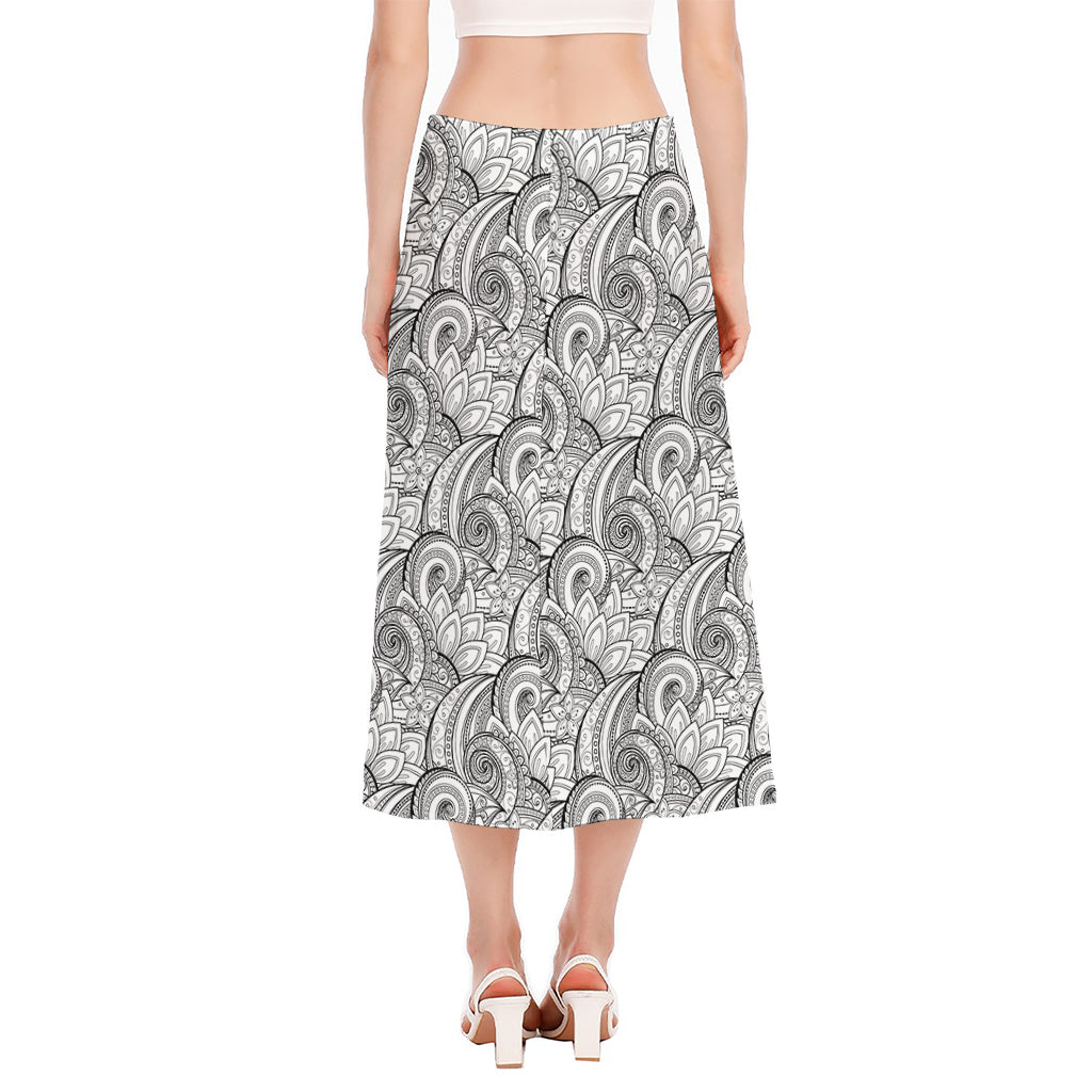 Zentangle Flower Pattern Print Side Slit Midi Skirt